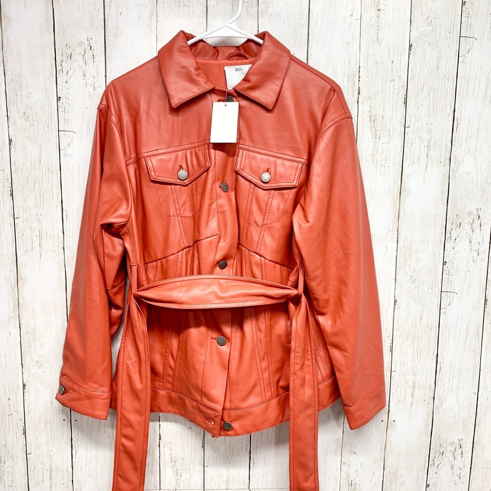 C/MEO COLLECTIVE Belted Faux Leather Jacket Women Size XS Terracotta Vegan Poly